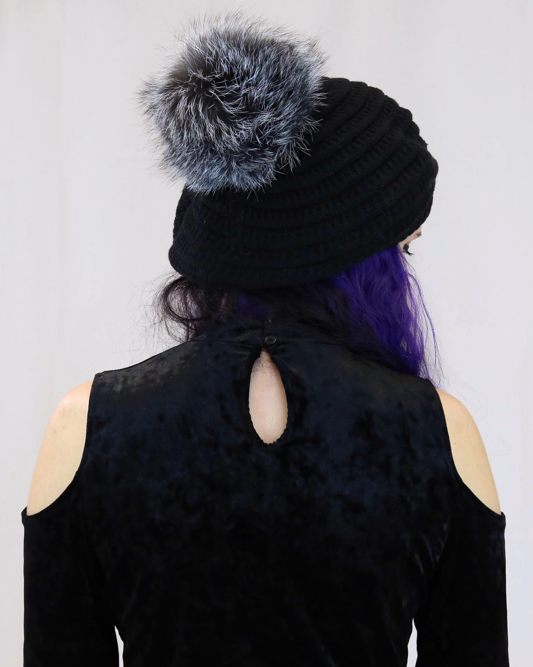 Spiral Knit Beret with Fox Fur Pom